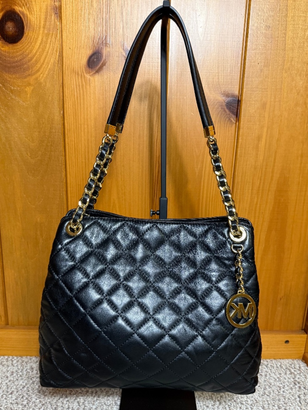 Micheal Kors Black Quilted Leather Chain Shoulder Bag with Gold-Tone Hardware